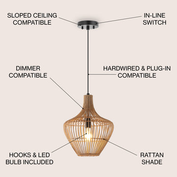 Lucas 13" Farmhouse Coastal Rattan 180" Cord Plug-In or Hardwired LED Pendant - JONATHAN Y